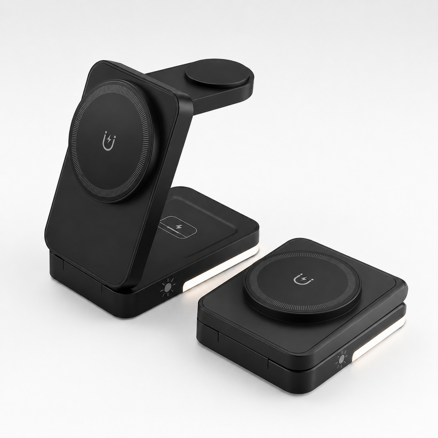 SORIVO FoldCharge 3-in-1 Schwarz – geöffnet und gefaltet
