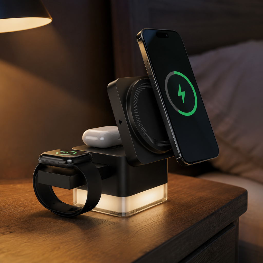 Schwarze 3-in-1 Ladestation mit Ambientebeleuchtung am Nachttisch