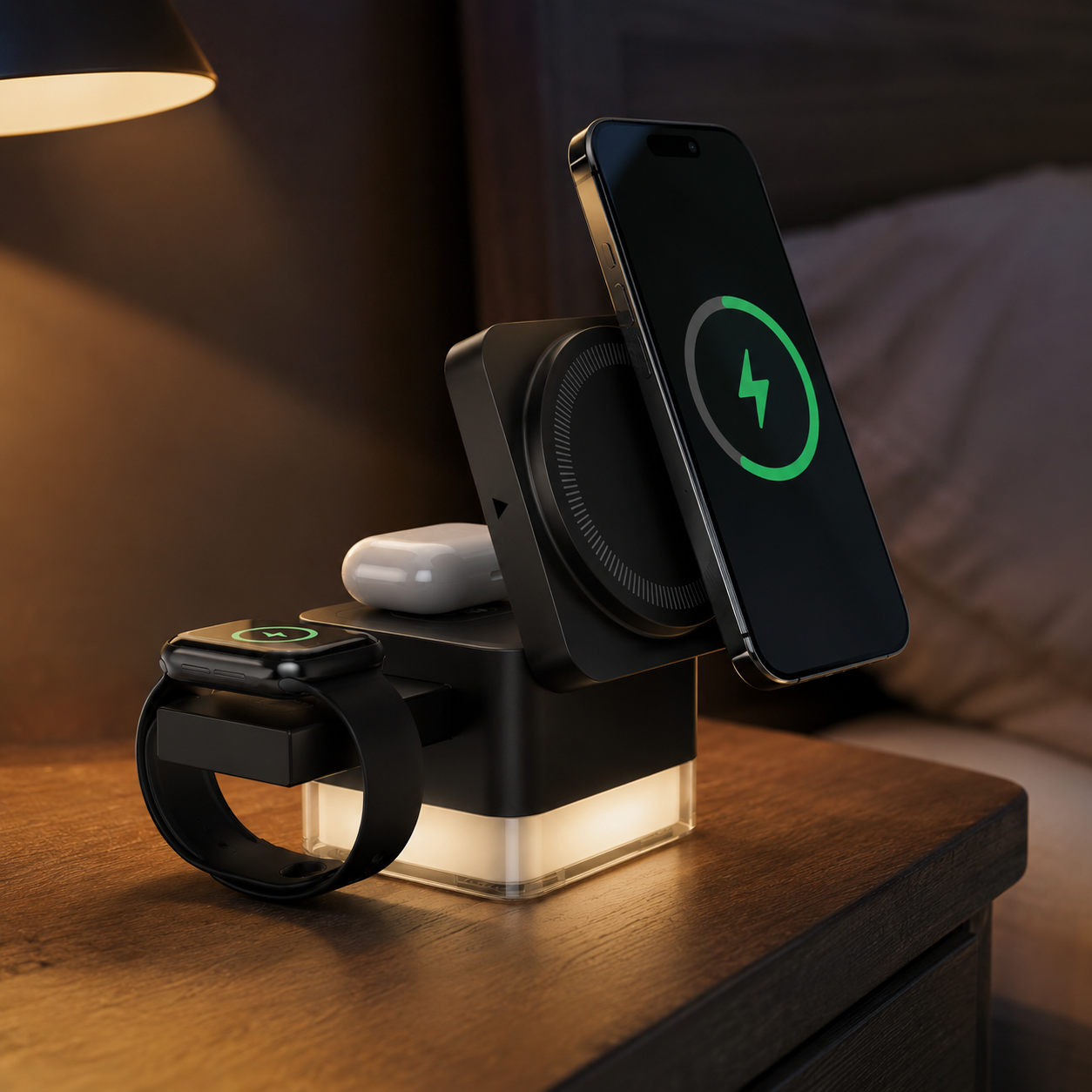 Schwarze 3-in-1 Ladestation mit Ambientebeleuchtung am Nachttisch