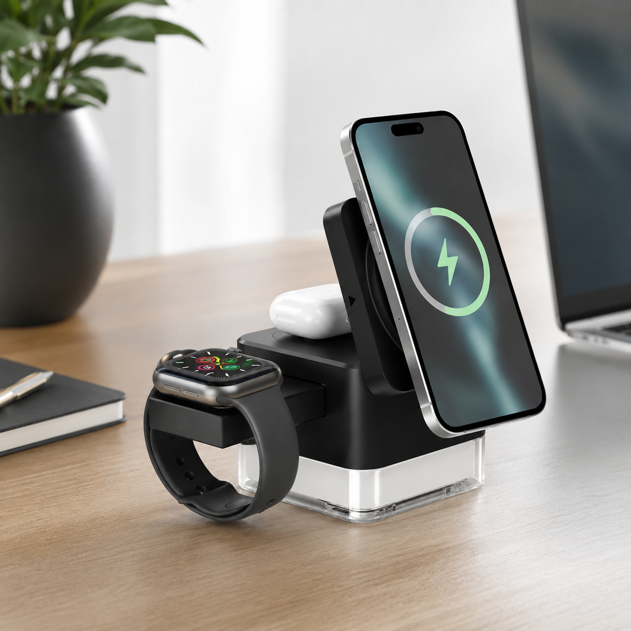 Schwarze 3-in-1 Ladestation mit Smartphone, Smartwatch und Kopfhörern