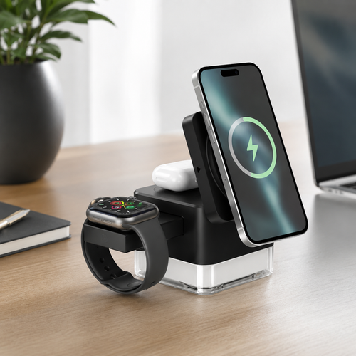 Schwarze 3-in-1 Ladestation mit Smartphone, Smartwatch und Kopfhörern