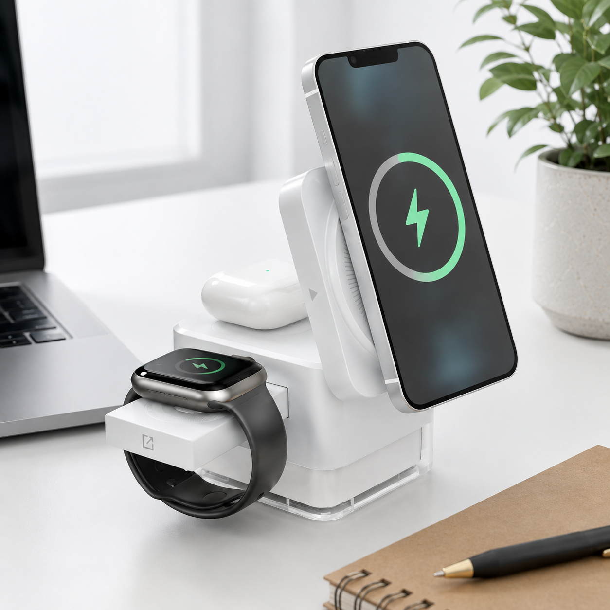 Weiße 3-in-1 Ladestation mit Smartphone, Smartwatch und Kopfhörern