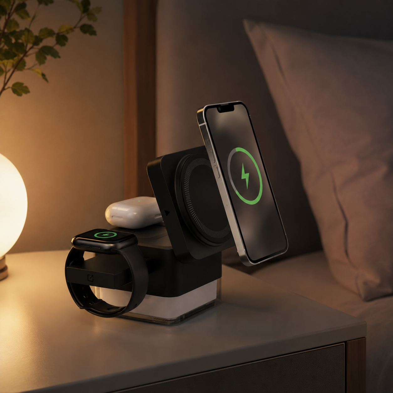 Schwarze 3-in-1 Ladestation mit Ambientelicht am Bett