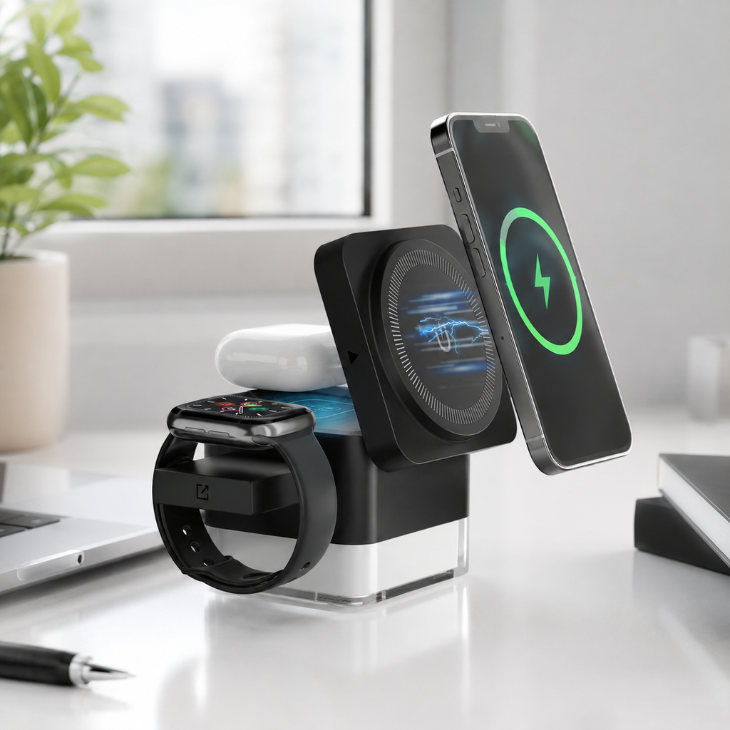 Schwarze 3-in-1 Ladestation im modernen Arbeitsplatz-Setup