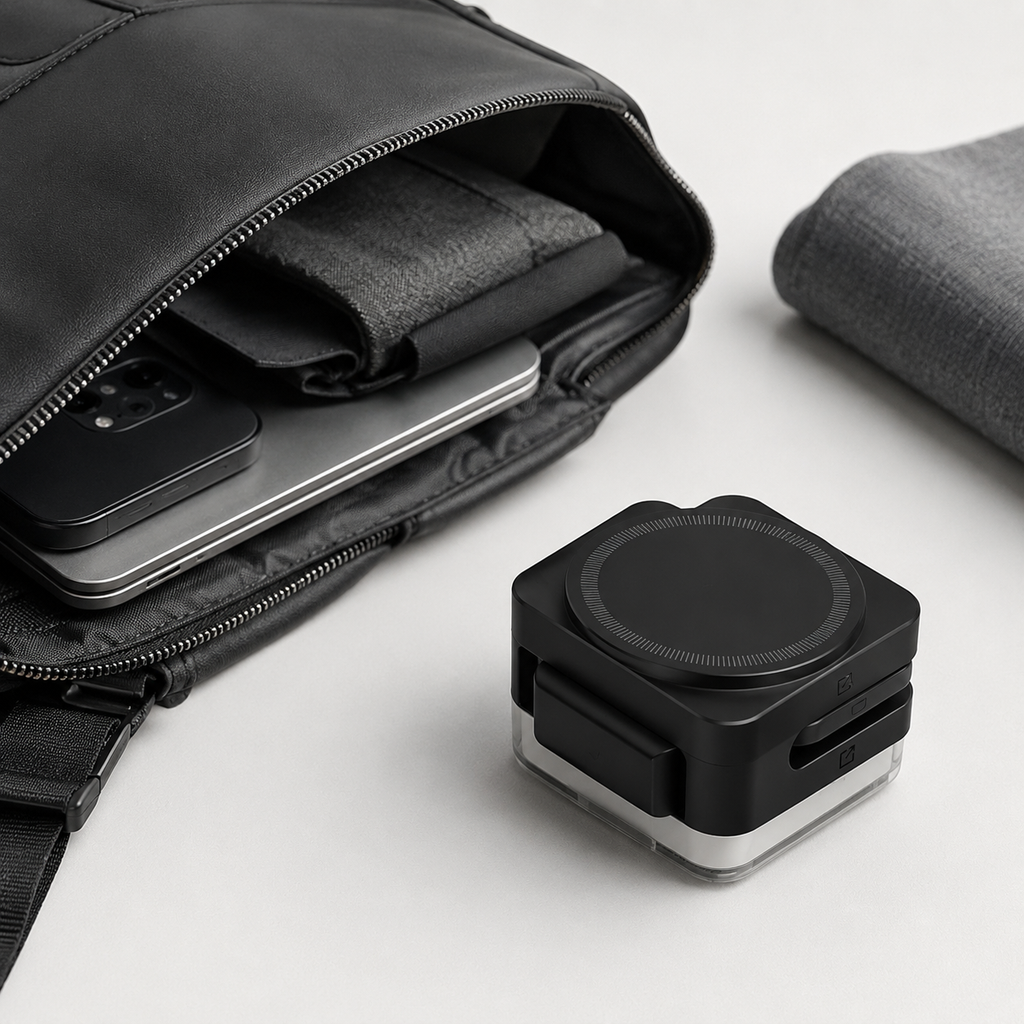 Kompakte schwarze 3-in-1 Ladestation für Reisen und Rucksack