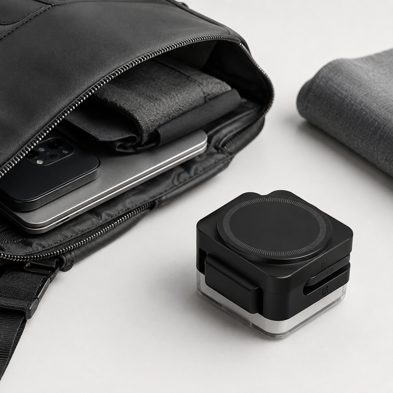 Kompakte schwarze 3-in-1 Ladestation für Reisen und Rucksack