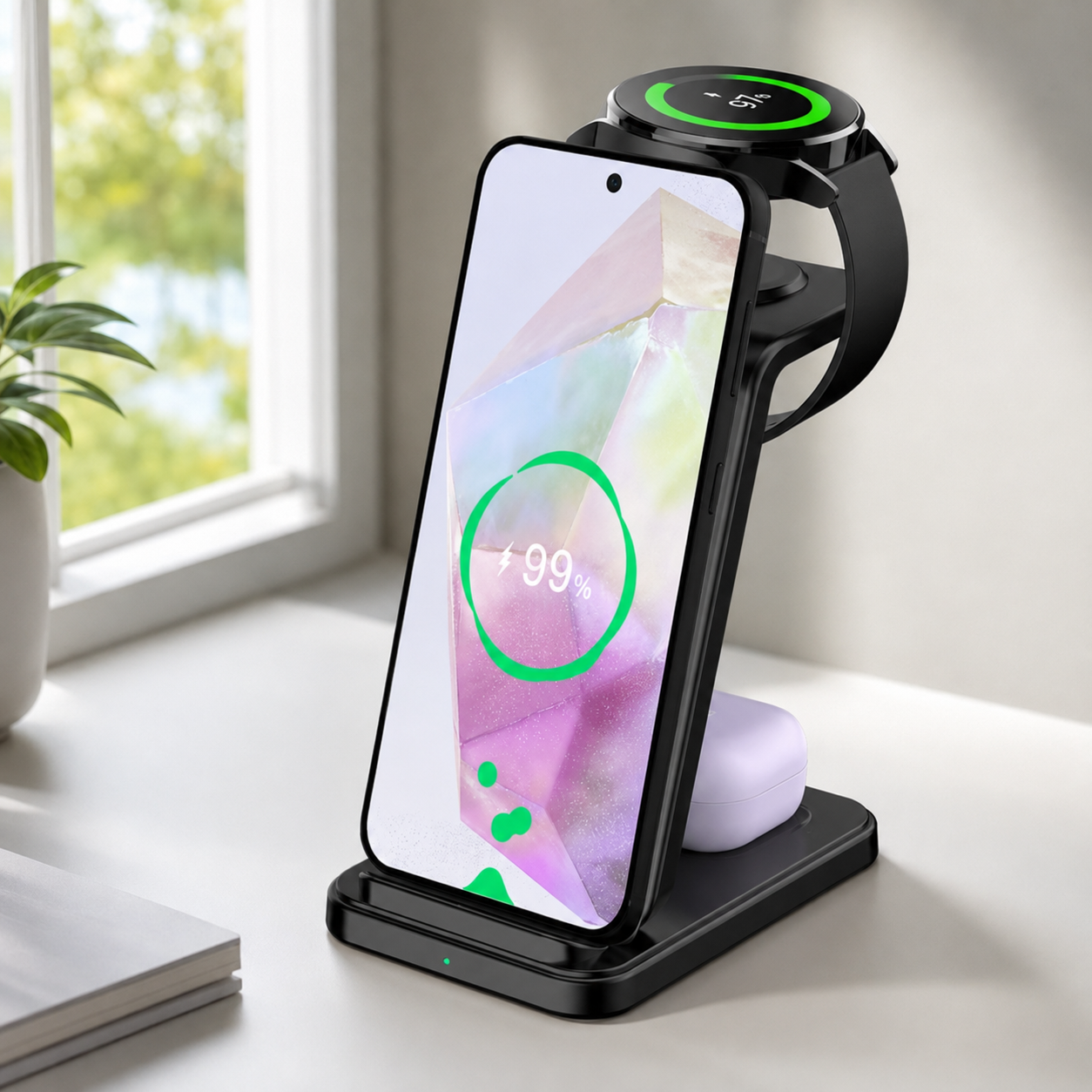 SORIVO TrioDock Schwarz mit Samsung Smartphone, Galaxy Watch und Earbuds