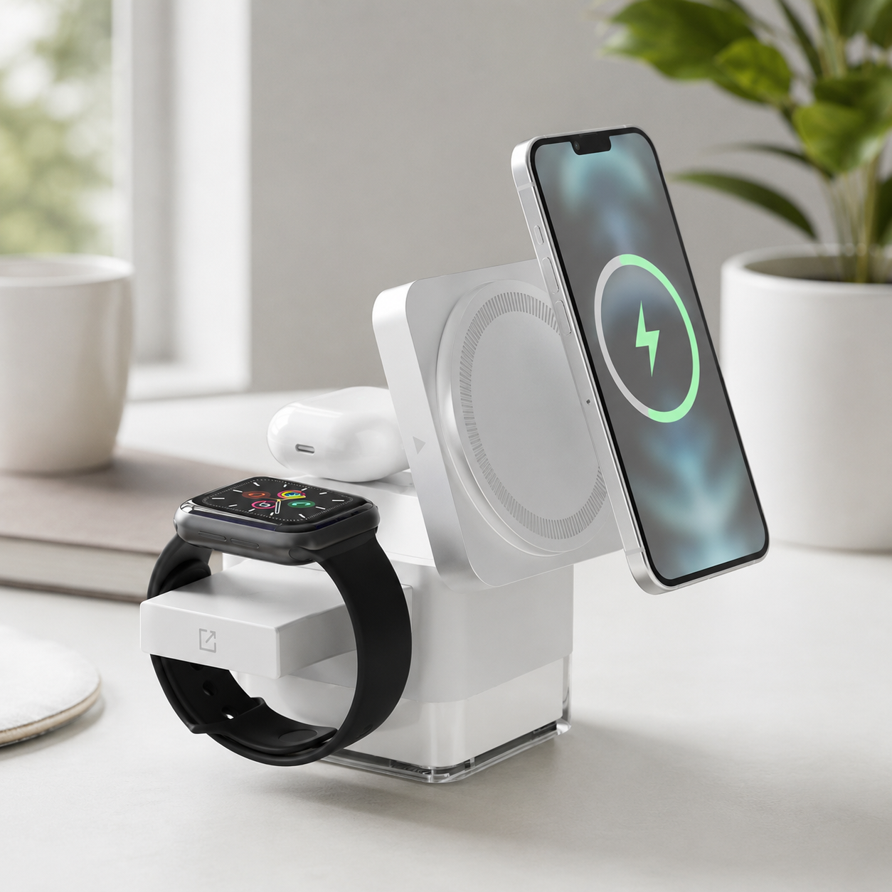 Weiße 3-in-1 Ladestation im modernen Lifestyle-Setup